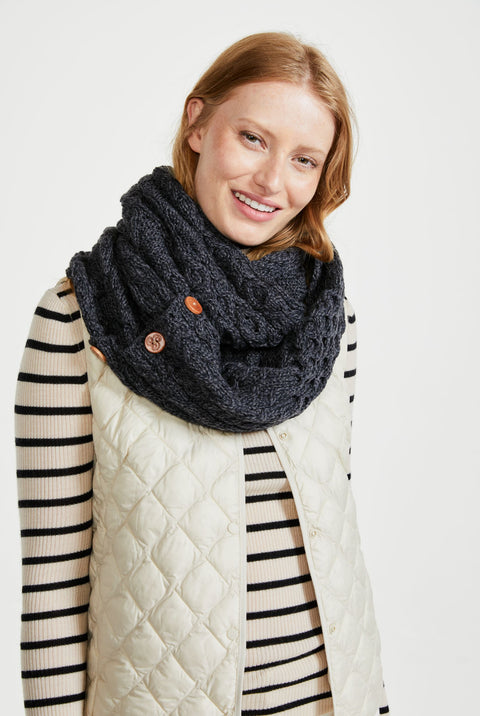 Kilmaine Aran Snood Scarf with Buttons -  Charcoal
