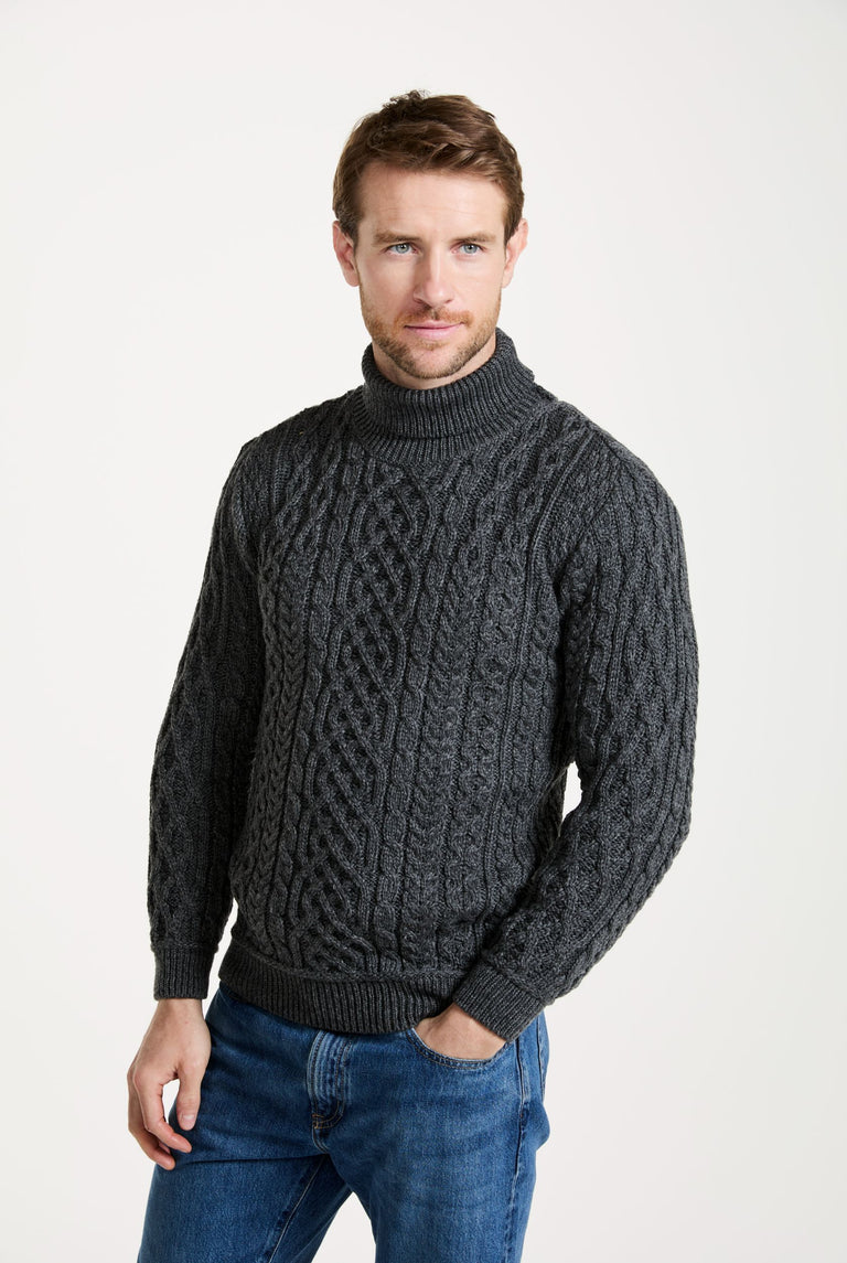 Kylemore Mens Aran Polo Neck Sweater - Grey