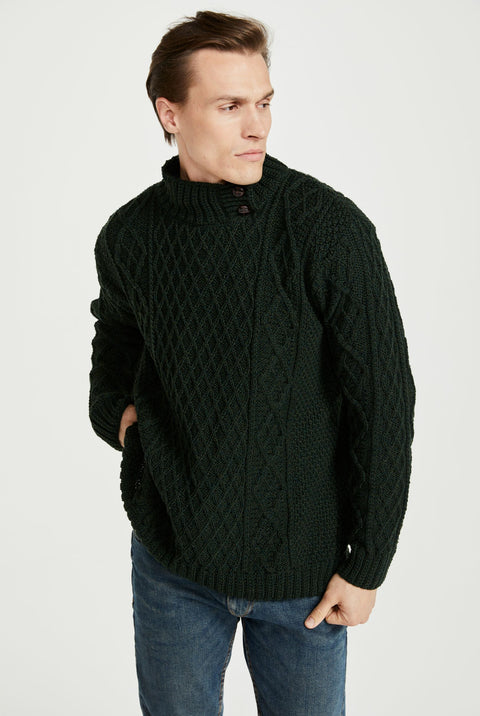 Moyne Mens Aran Sweater with Button Collar - Green