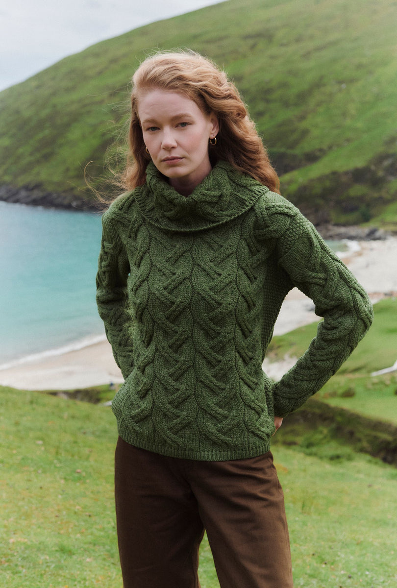 Kinsale Ladies Cable Aran Sweater Green