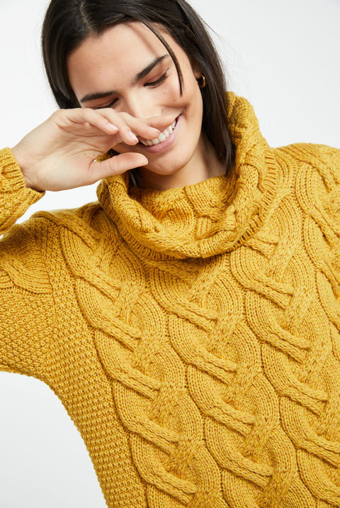 Kinsale Ladies Cable Aran Sweater - Yellow
