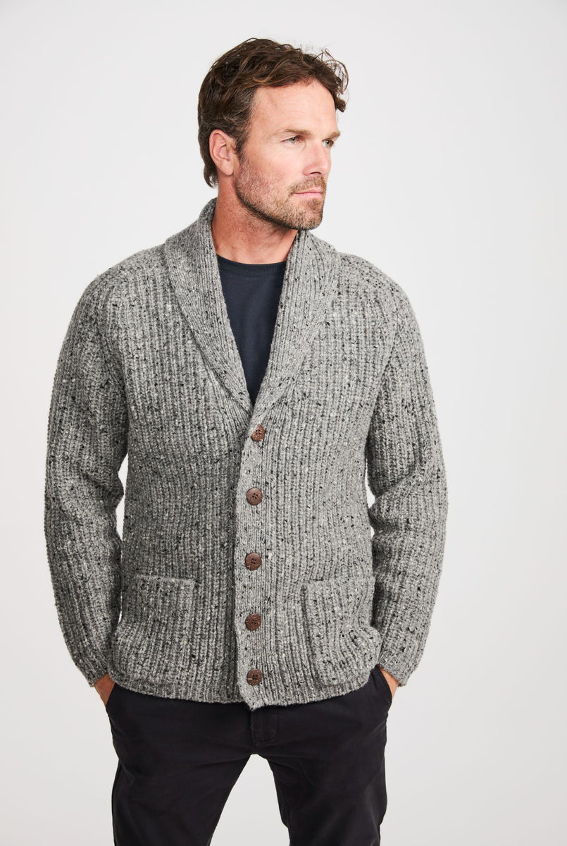 Curragh Mens Rib Shawl Cardigan Grey