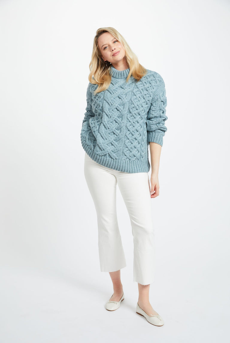 Dingle Ladies Aran Trellis Sweater - Blue