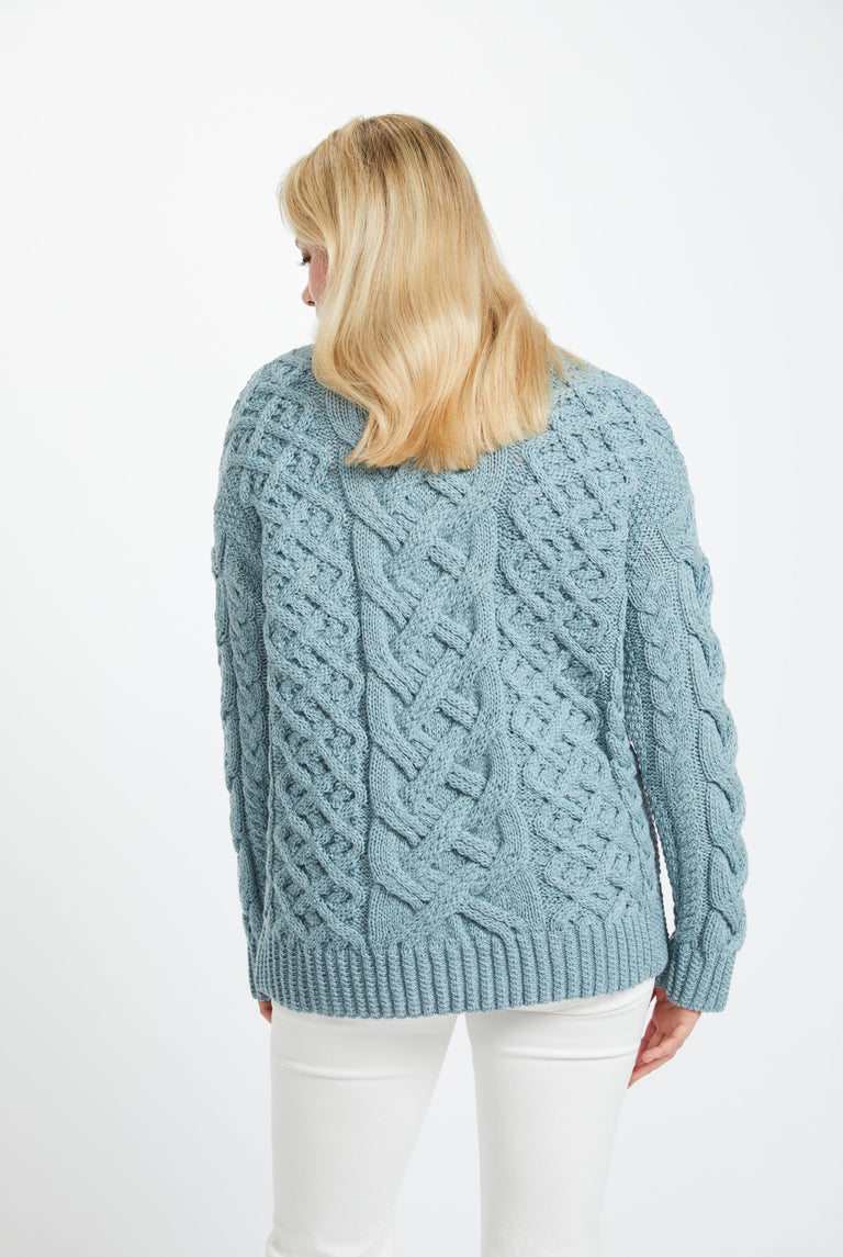 Dingle Ladies Aran Trellis Sweater - Blue