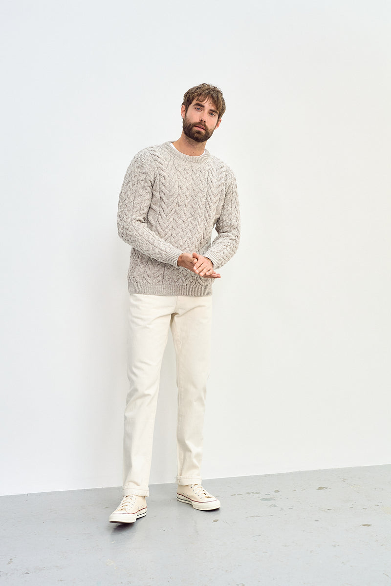 Omey Mens Aran Crew Neck Sweater Oat