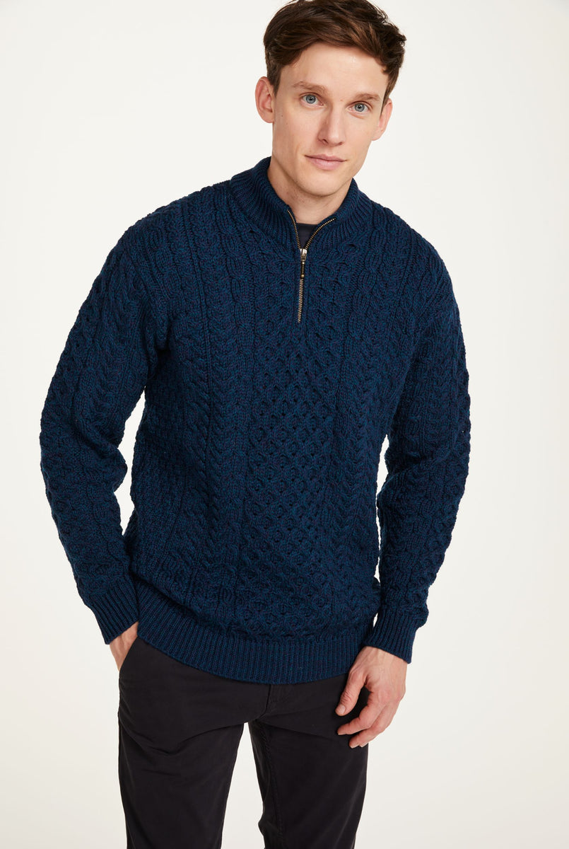 Ballycroy Mens Aran Half Zip Sweater Atlantic
