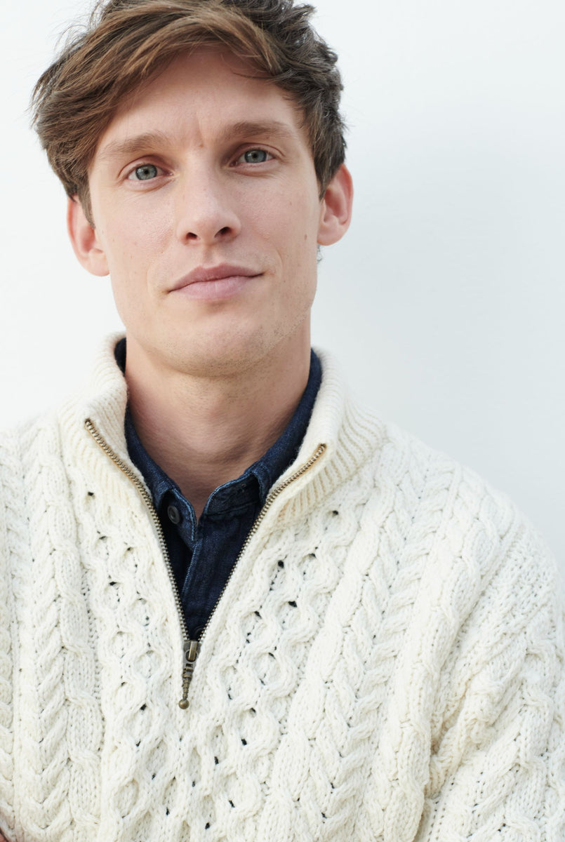 Ballycroy Mens Aran Half Zip Sweater Cream