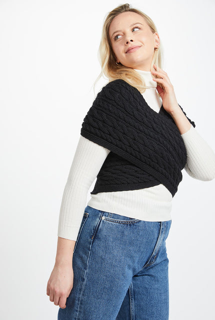 Corrib Crossover Merino Aran Wrap -  Black