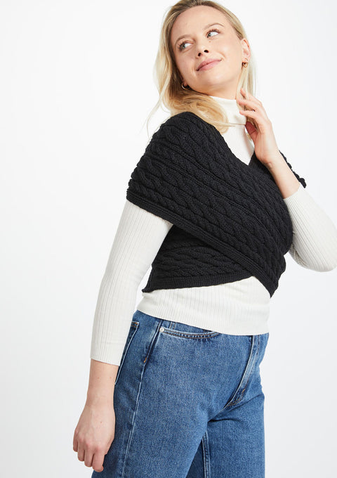 Corrib Crossover Merino Aran Wrap -  Black
