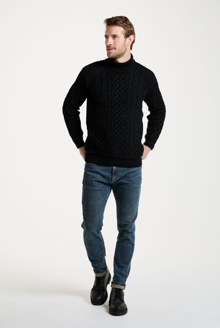 Kylemore Mens Aran Polo Neck Sweater - Black