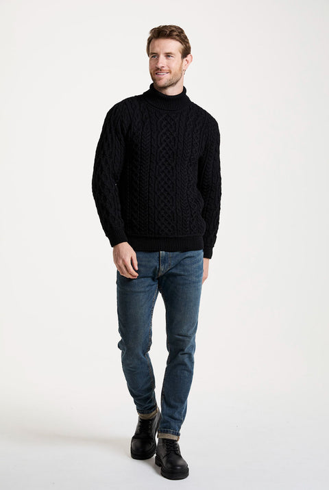 Kylemore Mens Aran Polo Neck Sweater - Black