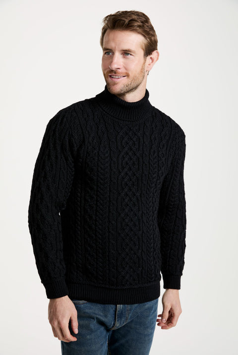 Kylemore Mens Aran Polo Neck Sweater - Black