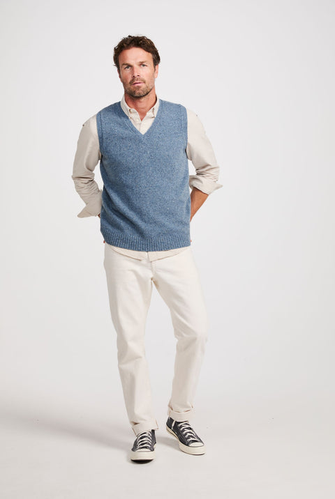 Roonagh Men's Aran Nepped V-Neck Vest - Blue