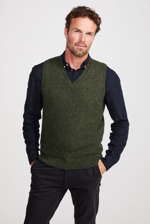 Roonagh Men's Aran Nepped V-Neck Vest - Green