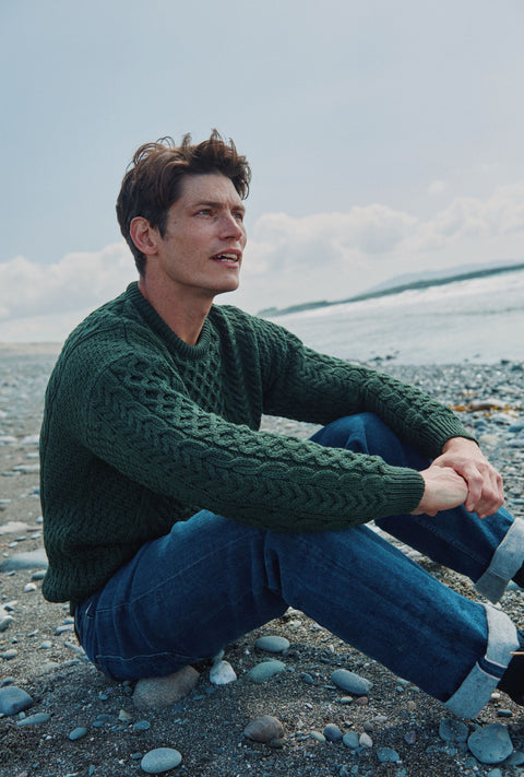 Inisheer Traditional Mens Aran Sweater - Forest Green