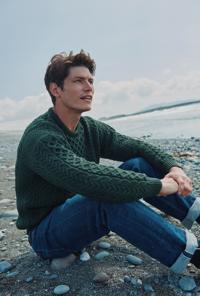 Inisheer Traditional Mens Aran Sweater - Forest Green