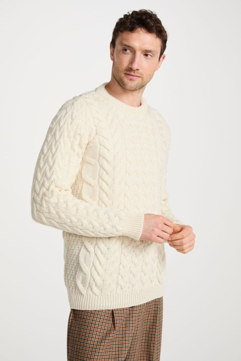 Omey Mens Aran Crew Neck Sweater - Cream