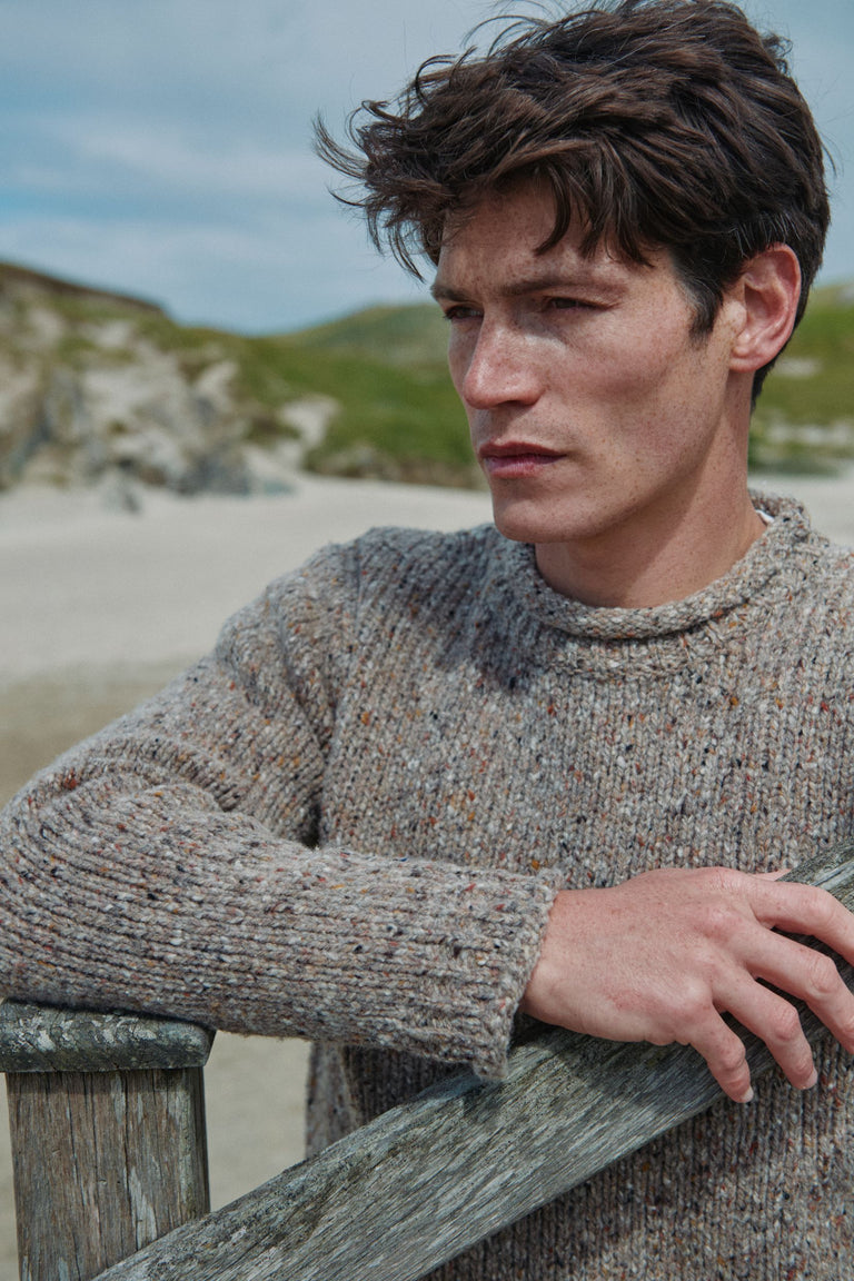 Raheen Tweed Roll Neck Mens Sweater - Oat
