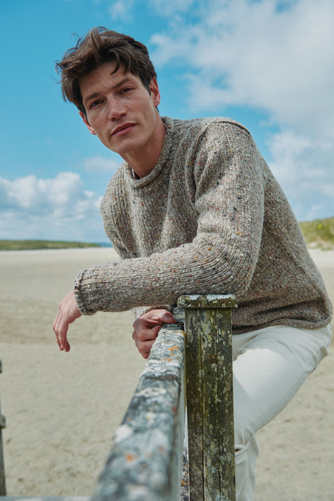 Raheen Tweed Roll Neck Mens Sweater - Oat