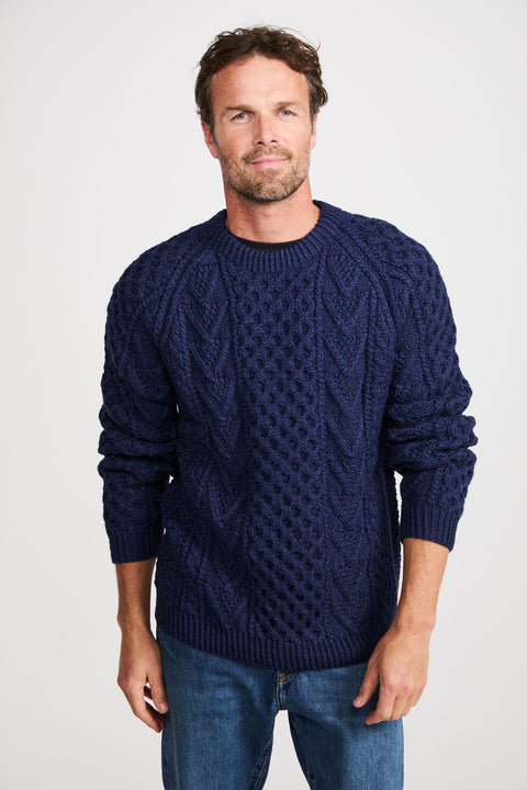 Kilronan Aran Mens Honeycomb Sweater - Navy