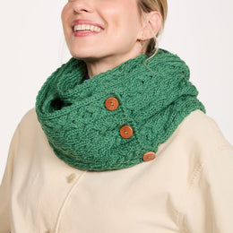 Kilmaine Aran Merino Snood Scarf with Buttons - Green