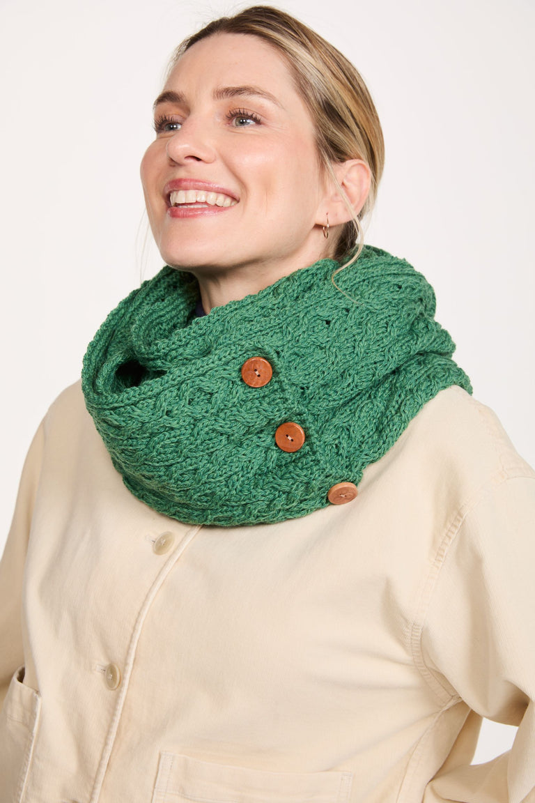 Kilmaine Aran Merino Snood Scarf with Buttons - Green