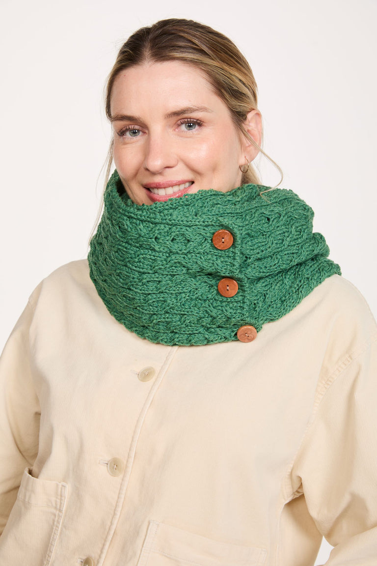 Kilmaine Aran Merino Snood Scarf with Buttons - Green