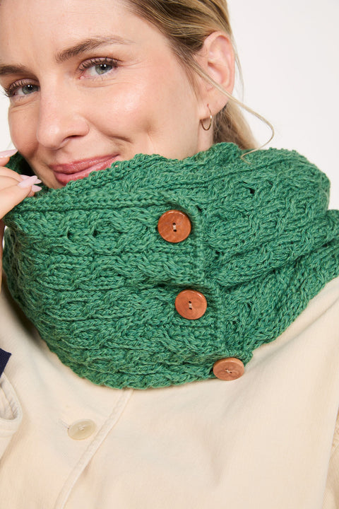 Kilmaine Aran Merino Snood Scarf with Buttons - Green