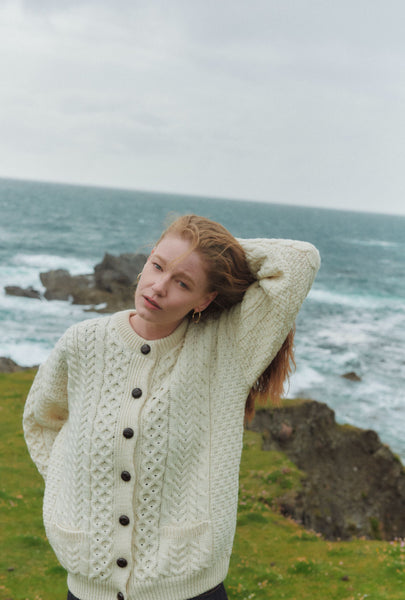 Achill Island Ladies Aran Wool Cardigan | Cream