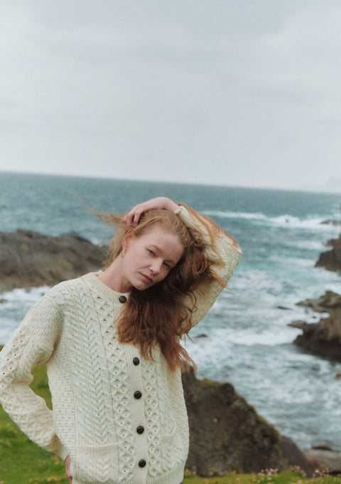 Achill Island Ladies Merino Aran Cardigan - Cream