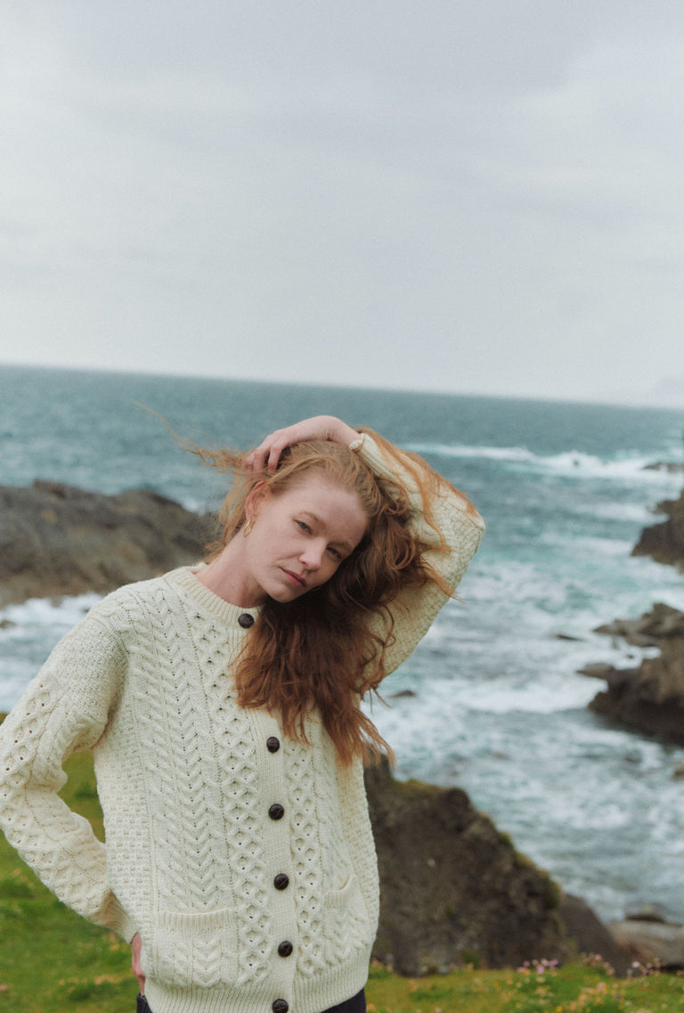 Achill Island Ladies Merino Aran Cardigan - Cream