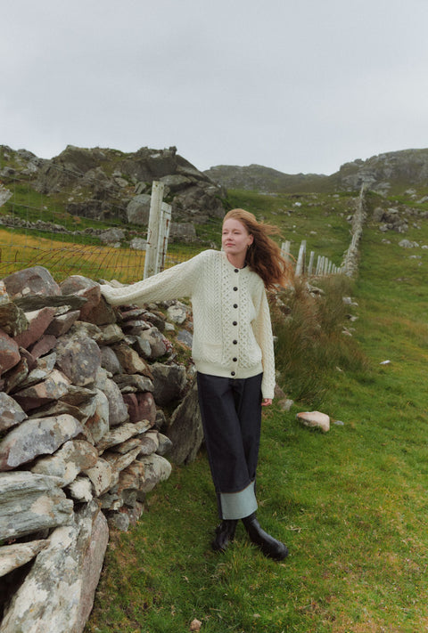 Achill Island Ladies Merino Aran Cardigan - Cream