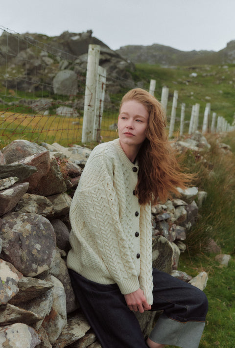 Achill Island Ladies Merino Aran Cardigan - Cream