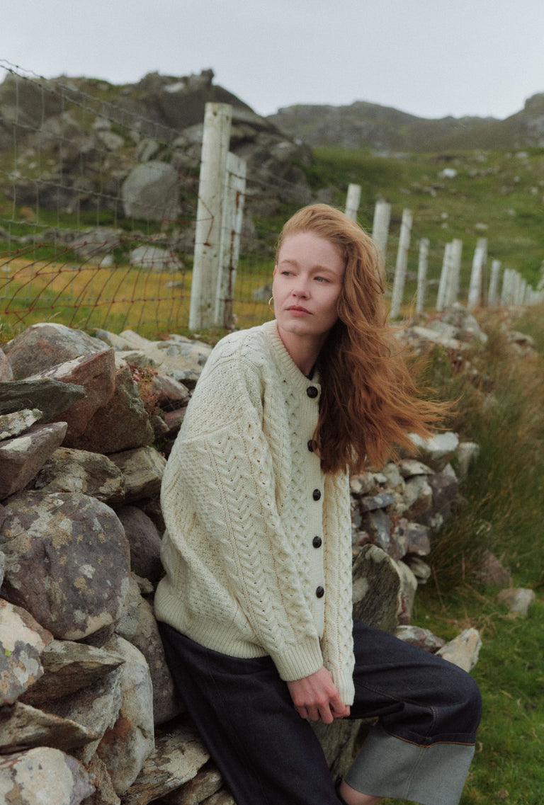 Achill Island Ladies Merino Aran Cardigan - Cream