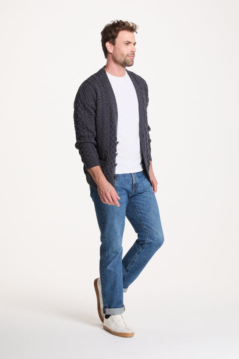 Clare Island Herren-Strickjacke aus Merino-Aran, Anthrazit