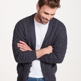 Clare Island Mens Merino Aran Cardigan - Charcoal