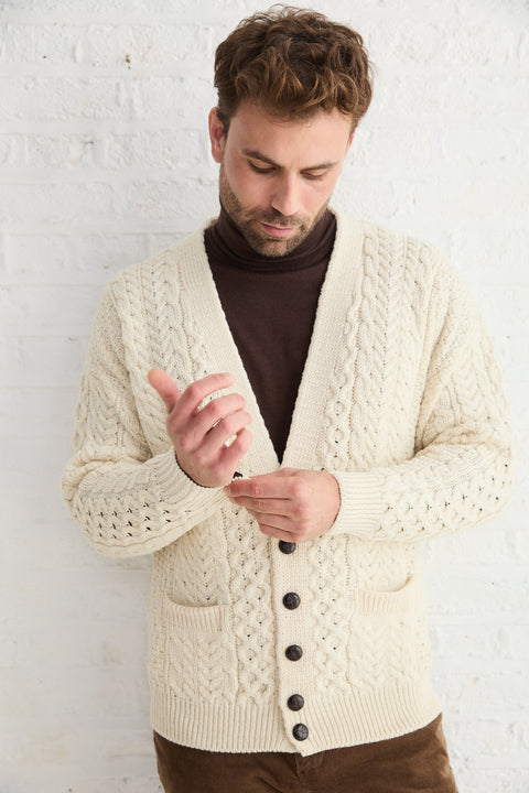 Clare Island Herren Merino Aran Cardigan - Creme