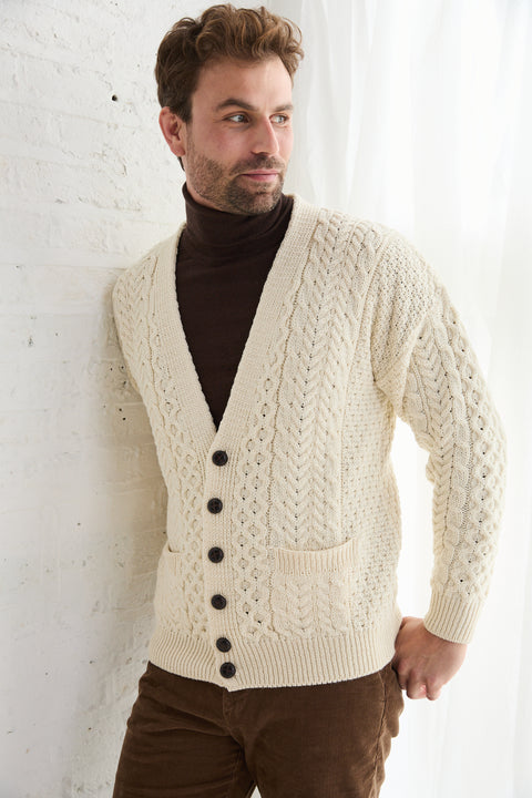 Clare Island Herren Merino Aran Cardigan - Creme