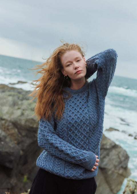 Inisheer Traditional Ladies Merino Aran Sweater - Blue Grey