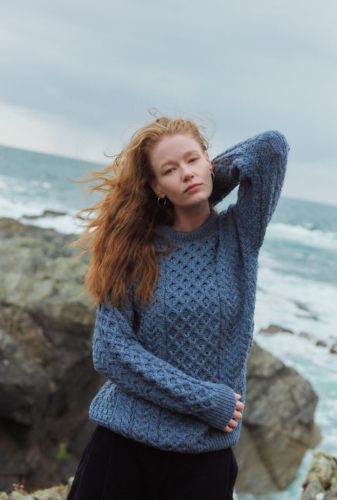 Inisheer Traditional Ladies Merino Aran Sweater - Blue Grey
