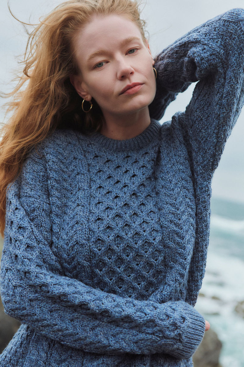 Inisheer Traditional Ladies Merino Aran Sweater - Blue Grey