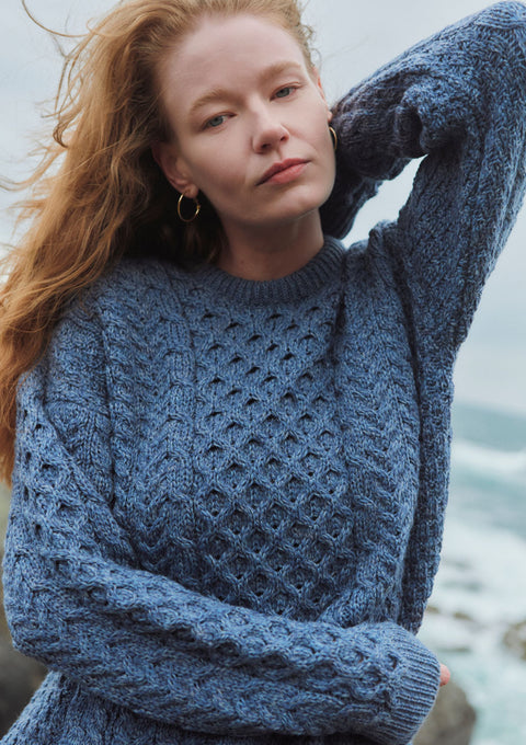 Inisheer Traditional Ladies Merino Aran Sweater - Blue Grey