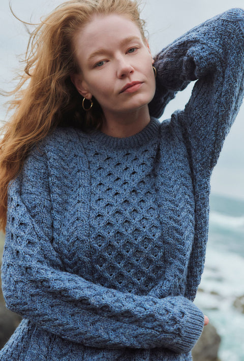 Inisheer Traditional Ladies Merino Aran Sweater - Blue Grey