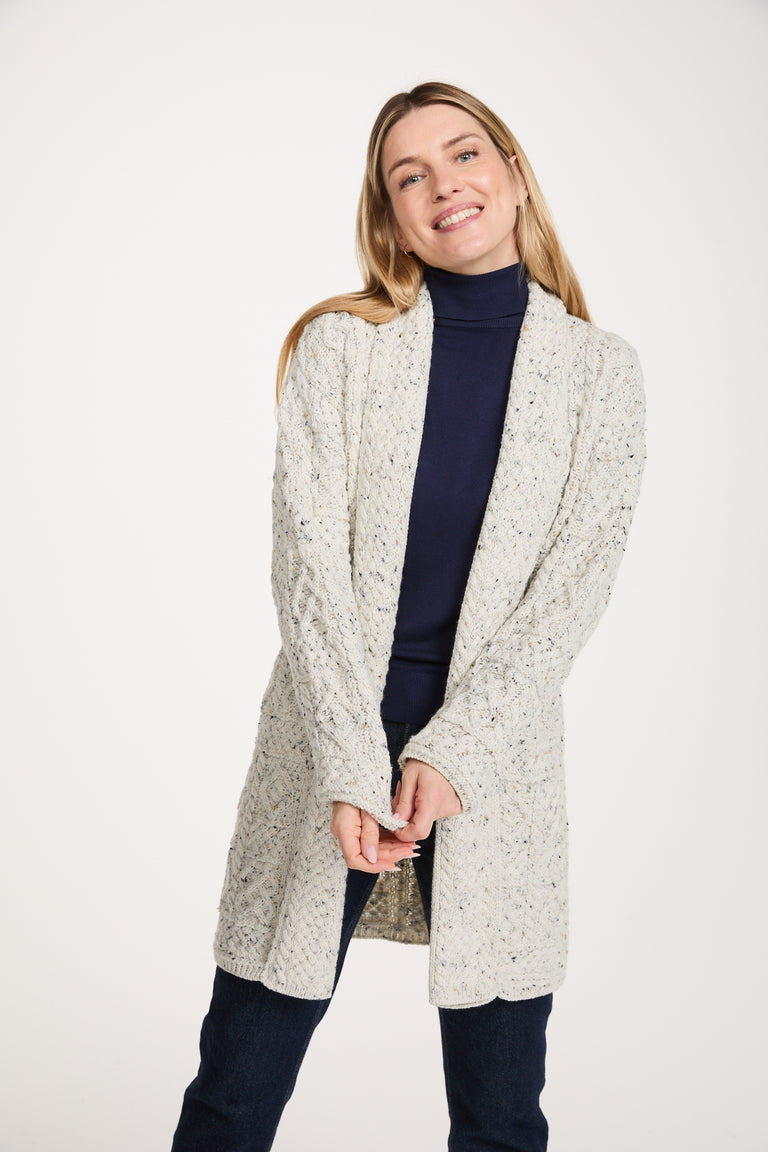 Tara Ladies Merino Aran Long Shawl Cardigan - Flecked Cream