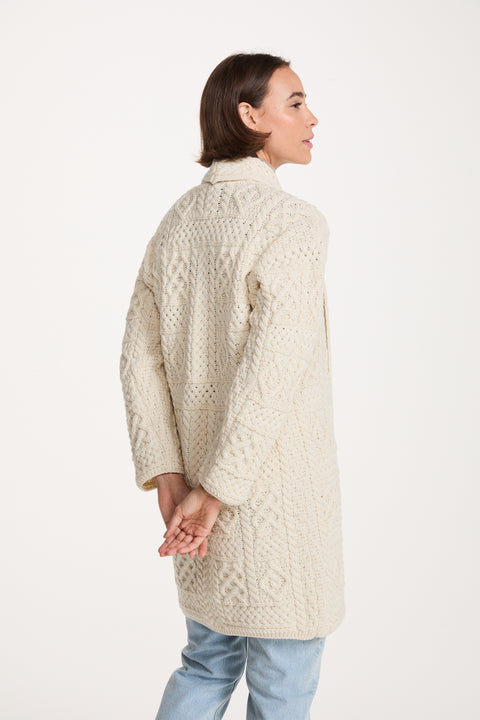 Tara Ladies Merino Aran Long Shawl Cardigan - Cream