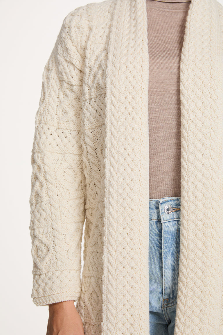 Tara Ladies Merino Aran Long Shawl Cardigan - Cream