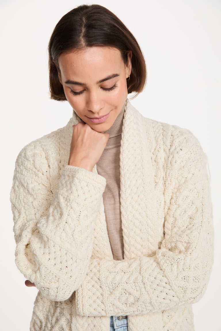 Tara Ladies Merino Aran Long Shawl Cardigan - Cream
