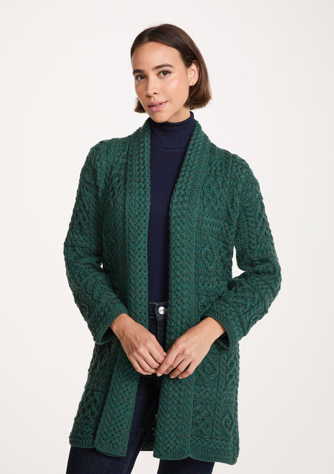 Cardigan long châle Tara pour femme en laine mérinos Aran - Crème mouchetée