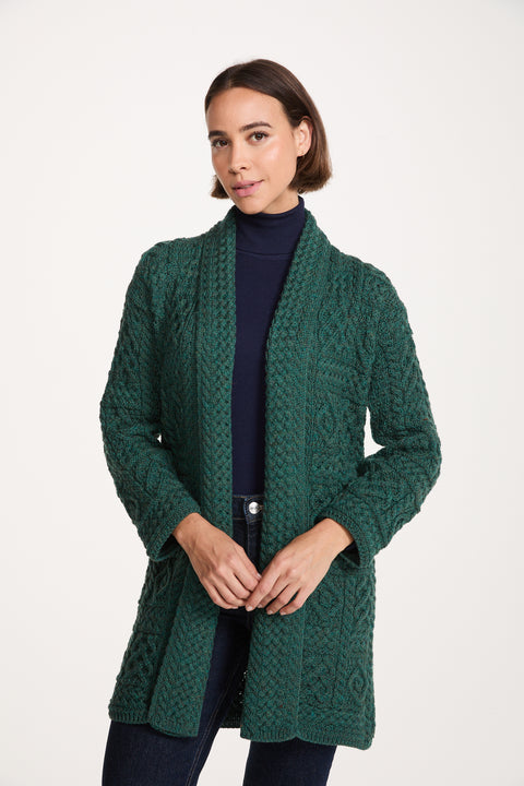 Tara Ladies Merino Aran Long Shawl Cardigan - Green