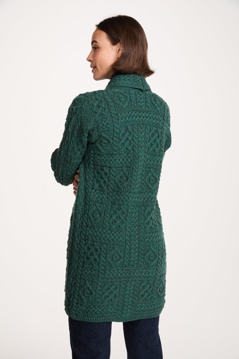 Tara Ladies Merino Aran Long Shawl Cardigan - Green